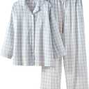 Women's 2 Piece Cotton Pajama Sets Long Sleeve Sleepwear Button Down Soft Lightweight Pj Pants Set With Pockets (Large, Blue)