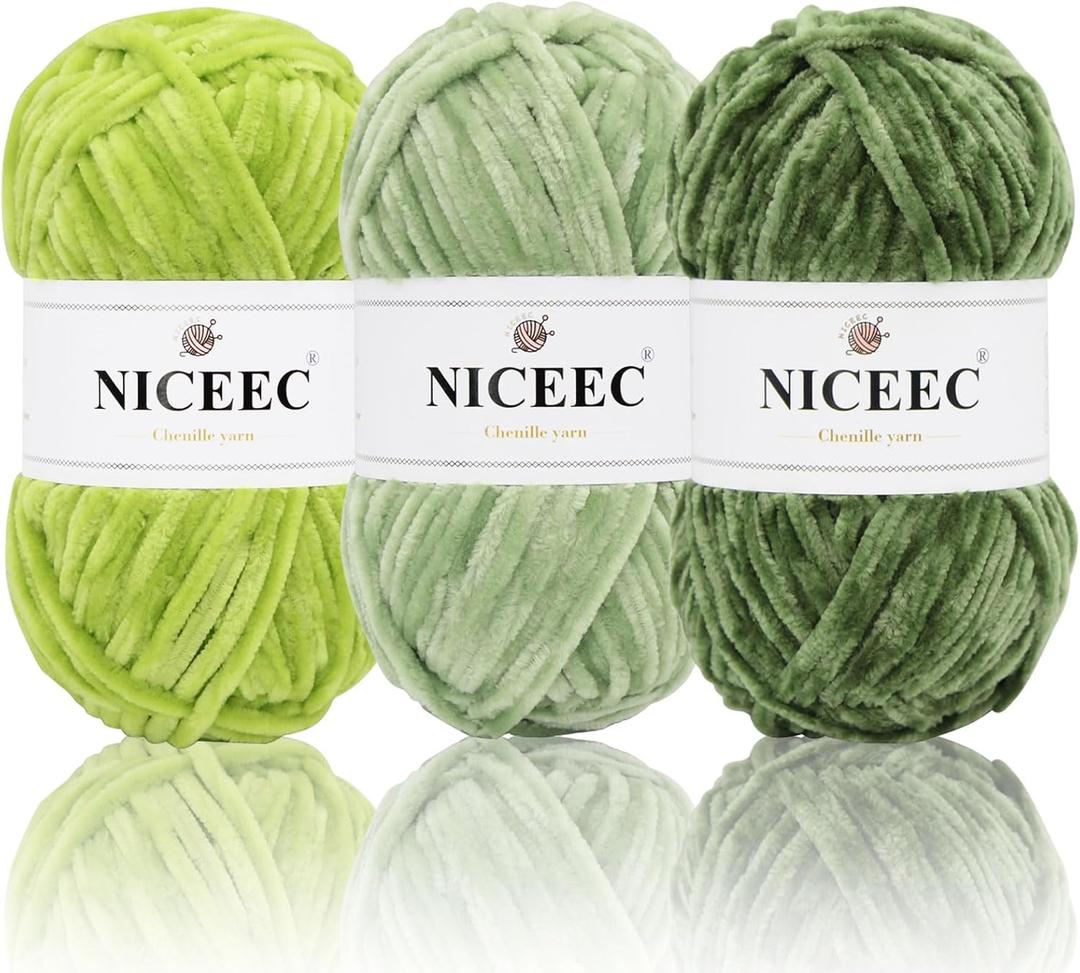 NICEEC 3 Skeins Soft Chenille Yarn Blanket Yarn for Knitting Fancy Yarn for Crochet Weaving DIY Craft Total Length 3×85m (3×93yds, 3×50g)_Green Series