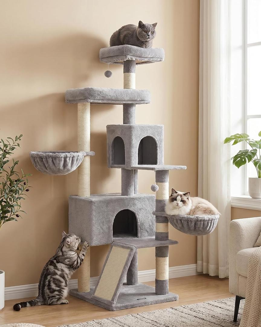 Feandrea Cat Tree, 68.5-Inch Tall Cat Tower, Multi-Level Plush Condo with Large Perch, Scratching Posts, Double Caves, Dove Gray UPCT006G01