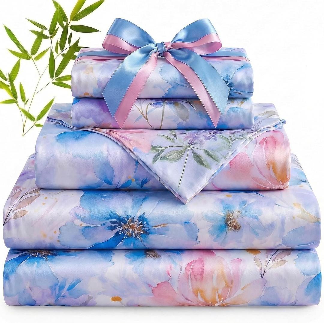 YIYEA 100% Viscose Derived from Bamboo Sheets, 600 Thread Count Cooling Bed Sheet Set for Hot Sleepers, Silky Soft, Breathable, 16" Deep Pocket, 4PC, King, Floral