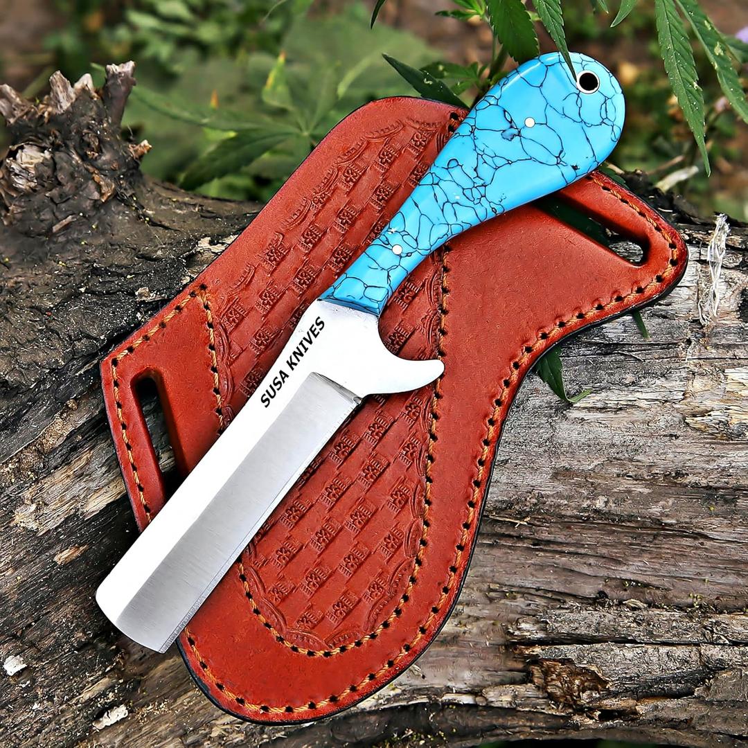 Handmade 1095 steel Bull cutter knife, cowboy knives with pancake leather sheath classic style knife, gift for men (Turquoise BLUE)