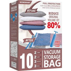 10 Space Saver Vacuum Sealed Storage Bags (2 Jumbo/2 Large/3 Medium/3 Small) with Hand Pump, Seal Bags for Clothing, Comforters, Pillows, Towel, Blanket Storage, Bedding