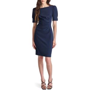 DKNY Women's Short Sleeve Ruched Knee Length Sheath Dress with Button Detail (14)