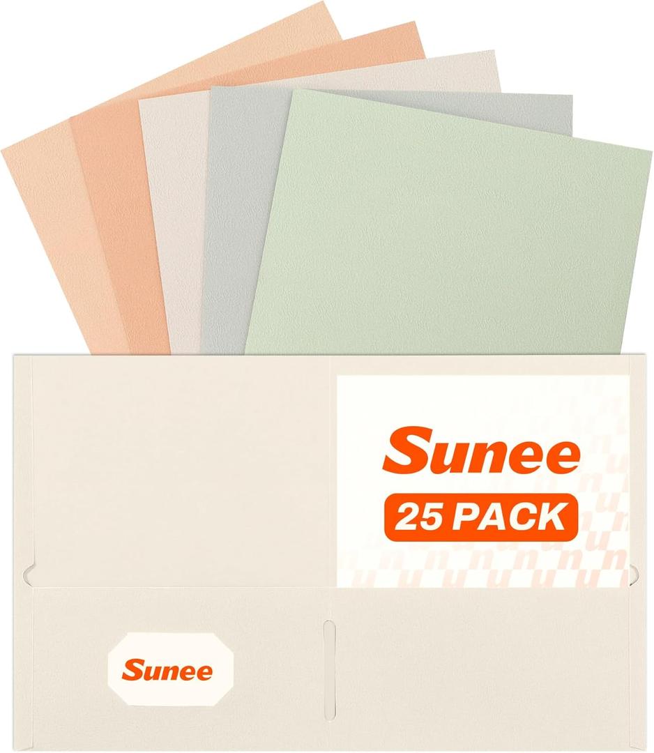 SUNEE Folders with Pockets (25 Pack, Pastel Colors), 2 Pocket Folders Fit Letter Size Paper, Paper File Folder for School Office Home Business