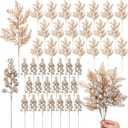 Cindeer 80 Pcs Champagne Gold Christmas Glitter Berries Stems Pine Needles Christmas Artificial Picks Fake Floral Twig Spray for Xmas Tree Ornaments DIY Wreath Garland Decorations