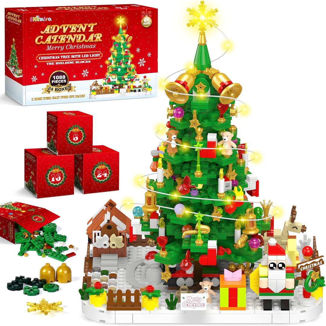 Shemira Advent Calendar 2025 Christmas Tree Building Toy Set with LED light, 24 Days Christmas Countdown Calendar Building Blocks, Advent Calendar Christmas Gifts for Adults Teens Kids Ages 6+