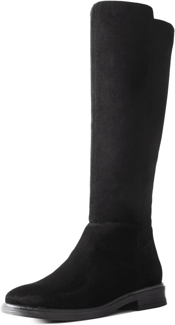 Shoe'N Tale Women's Knee High Boots Flat Low Heel Stretchy Round Toe with Side Zipper (9, Black)