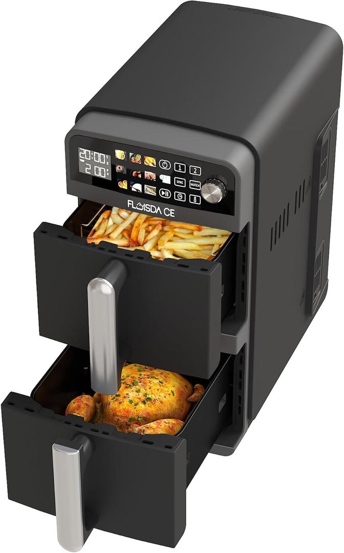 10-QT Dual Large Air Fryer, XL 2-Basket Air Fryer, 10-in-1 Technology Double Cooks 4 Foods at Once, Smart Finish & Match Cook, Air Fry, Broil,Bake, Easy Meals, Easy Clean and Dishwasher Safe, Black.