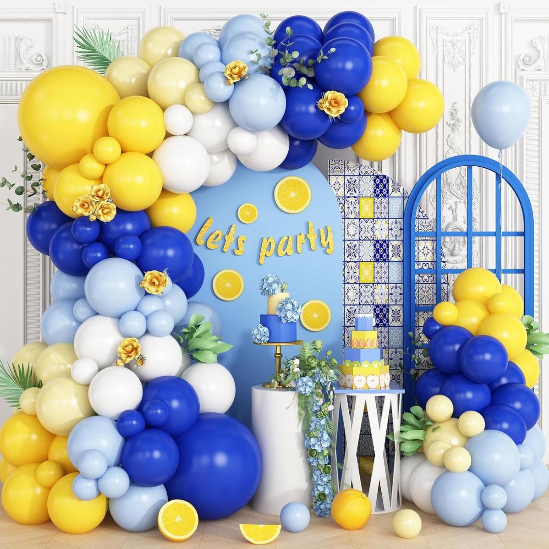 Blue Yellow Lemon Balloon Garland Arch Kit,Royal Blue Yellow White Balloons for Summer Baby Shower Bridal Wedding Graduation Birthday Lemonade Theme Party Decorations