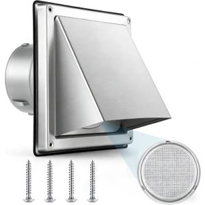 4-Inch External Extractor Wall Vent Cushioned Non Return Flap, Brushed 304 SS Wall Mount Exhaust Hood with Mesh Screen, Built-in Filter