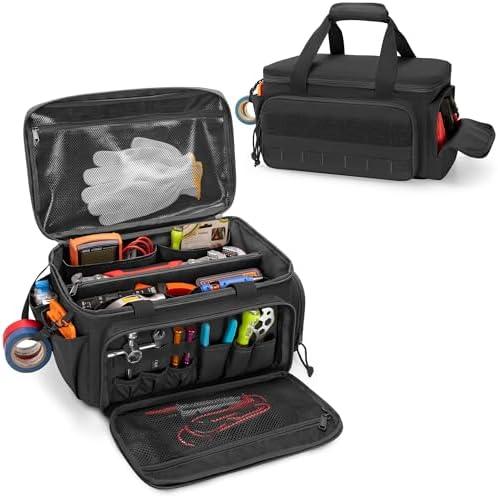 Rexmica 14-Inch Tool Bag with Anti-friction Bottom, Hand Tool Storage Organizer for Men, Tactical Range Bag, Multi-purpose Work Tote for Repairman, Carpenters, Handyman, Black