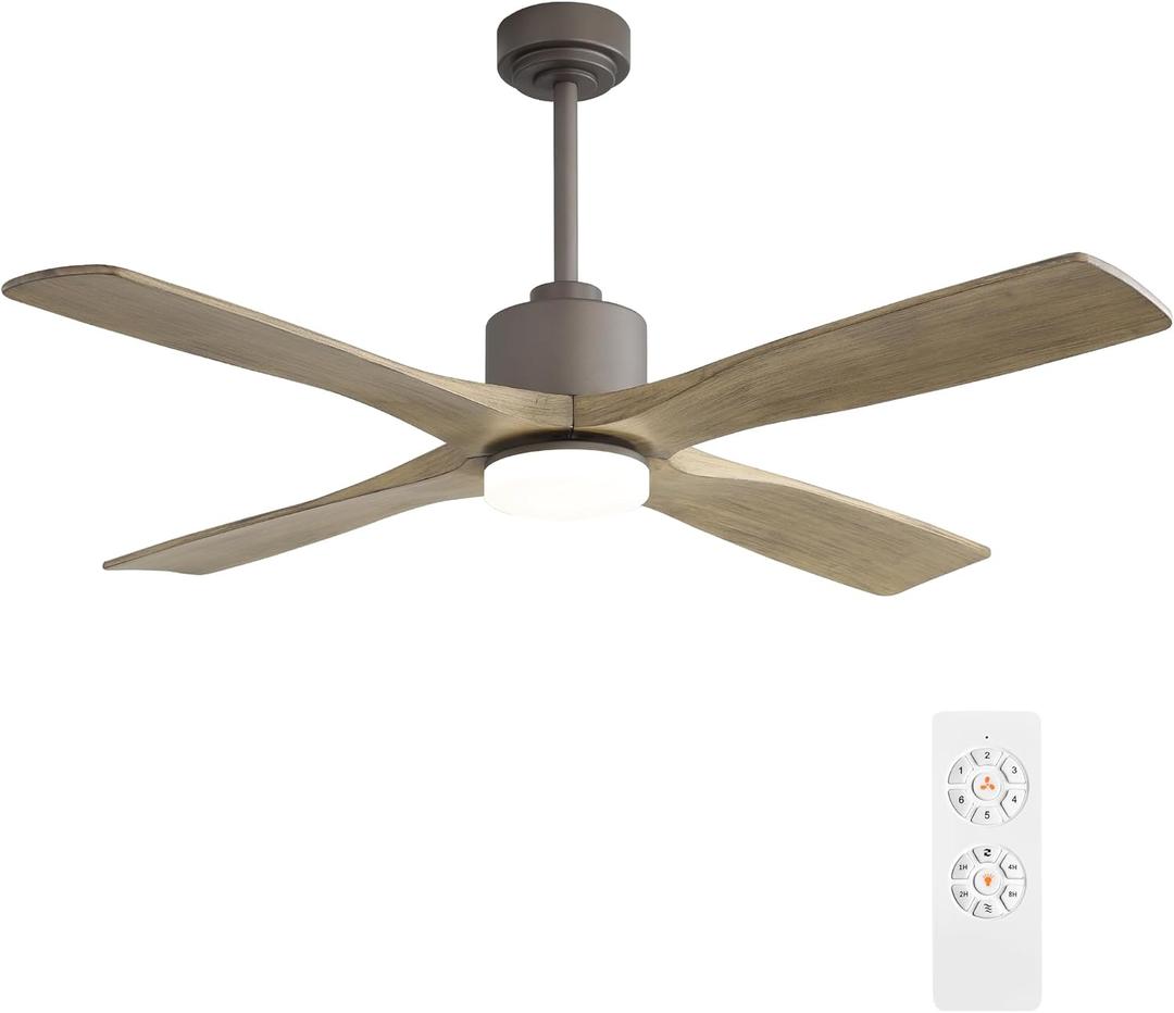 WINGBO 48 Inch DC Ceiling Fan with Lights and Remote Control, 4 Carved Solid Wood Blades, 6-Speed Noiseless Reversible DC Motor, Modern Ceiling Fan in Graphite Finish with Gray Blades