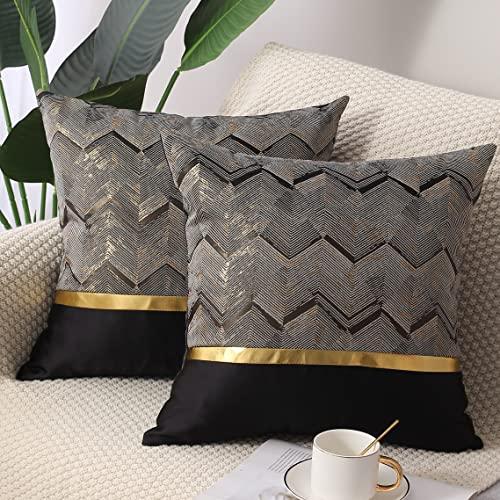 Gujiahone Throw Pillow Covers Set of 2 Black Gold Leather Striped Patchwork Jacquard Cushion Case Luxury Modern Square Decorative Cushion Covers for Sofa Couch Bed Home Decoration 20 x 20 Inch