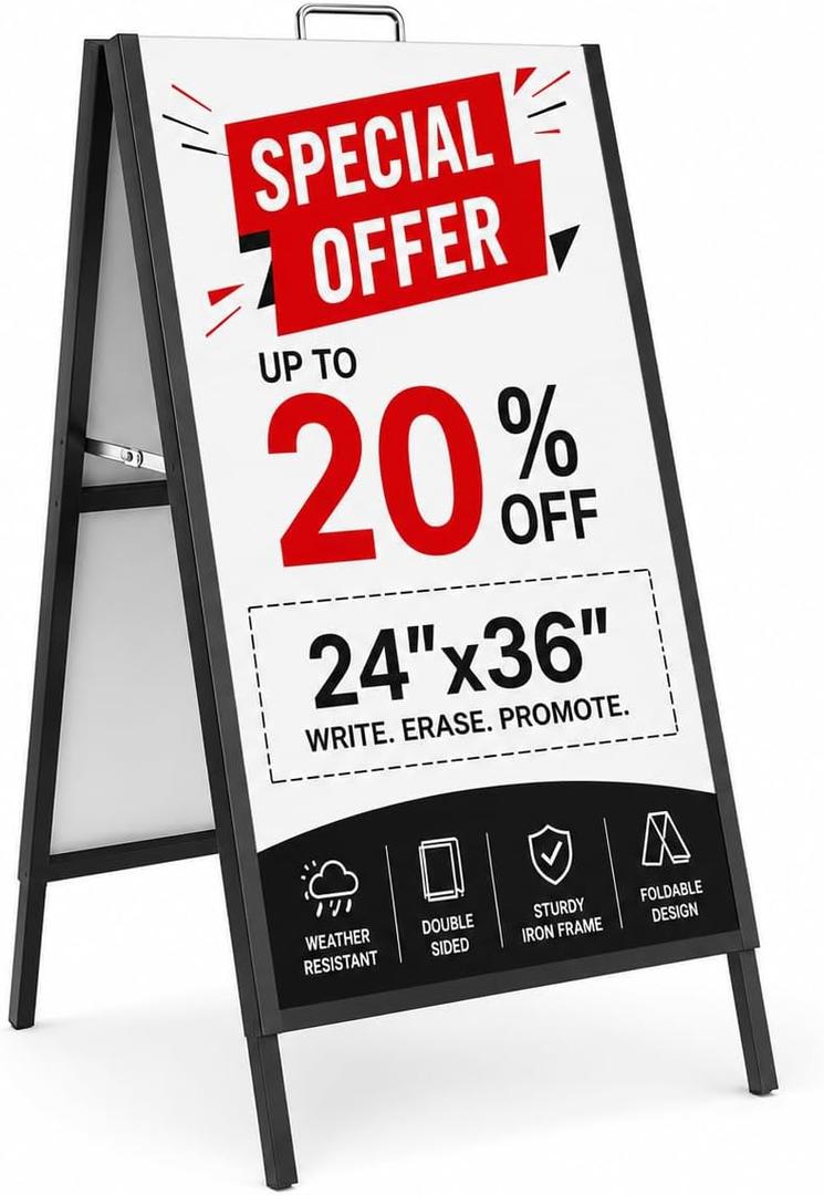 Outdoor A-Frame Sidewalk Sign 24x36 Inch Heavy Duty Slide-in Double-Sided Folding Sandwich Board with Handle Black Coated Steel Metal Frames Sign Holder for Restaurant Cafe-3 Corrugated Plastic Poster