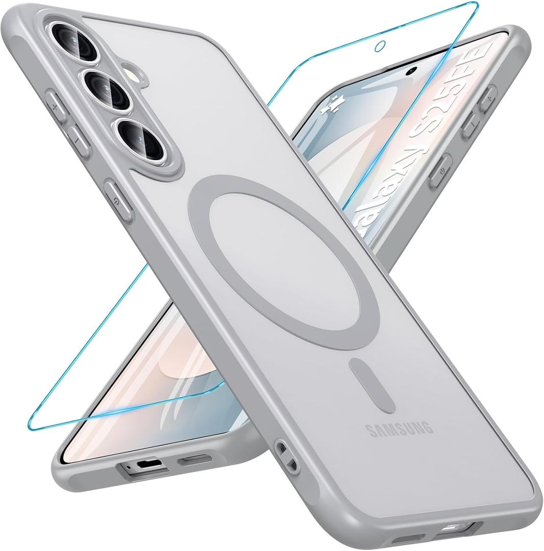 OWKEY for Samsung Galaxy S25 FE Case 6.7'', Magnetic Galaxy S25 FE Case for Magsafe with Tempered Screen Protector [Shockproof Military] Translucent Matte Bumper Phone Cover Samsung S25 FE 5G, Gray