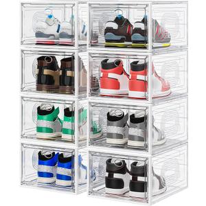 8 Pack Thicken & Clear Shoe Boxes Organizer with Magnetic Door, Stackable Storage Boxes for Shoes, Boot, Sneaker - Harder Plastic Shoe Storage Stackable Shoe Boxes for Closet Shoes Wall, White