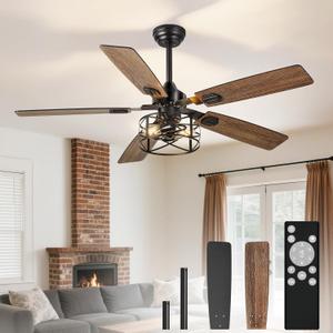Depuley 52-Inch Ceiling Fans with Lights: Caged Ceiling Fans Dual Finish 5 Blades - Rustic Ceiling Fan with Remote Control for Farmhouse Living Room Outdoor Porch (E26 Bulb Included) (Black Walnut Cage 01)