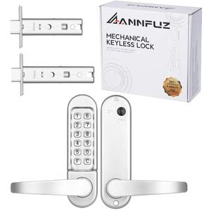 Mechanical Keypad Keyless Entry Door Handle Lock,Push Button Code Door Lever,Single-Side Combination & Interior Non-Locking,Exterior Auto-Lock,No Electronic,for Front Gate, Pearl Chrome
