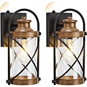 Dusk to Dawn Outdoor Wall Lights Fixtures, Waterproof Exterior Lighting Fixtures with Photocell Sensor,Vintage Faux Wood Grain Metal Cage Lantern Outside Lights for Porch Patio House Garage2 Pack, 12.8''