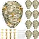 26 Pcs Wasp Nest Decoys Outdoor Set, 8 Handwoven Reed Hornet Nest Deterrent with 16 Realistic Bees & 2 Adhesive Dots, Waterproof Hanging Fake Wasp Nests for Garden, Patio, Porch, Yard
