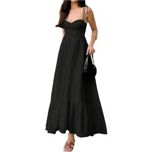 Floerns Women's Tie Shoulder Smocked Long Dress Ruffle Tiered Flowy Wedding Guest Dresses (Black)