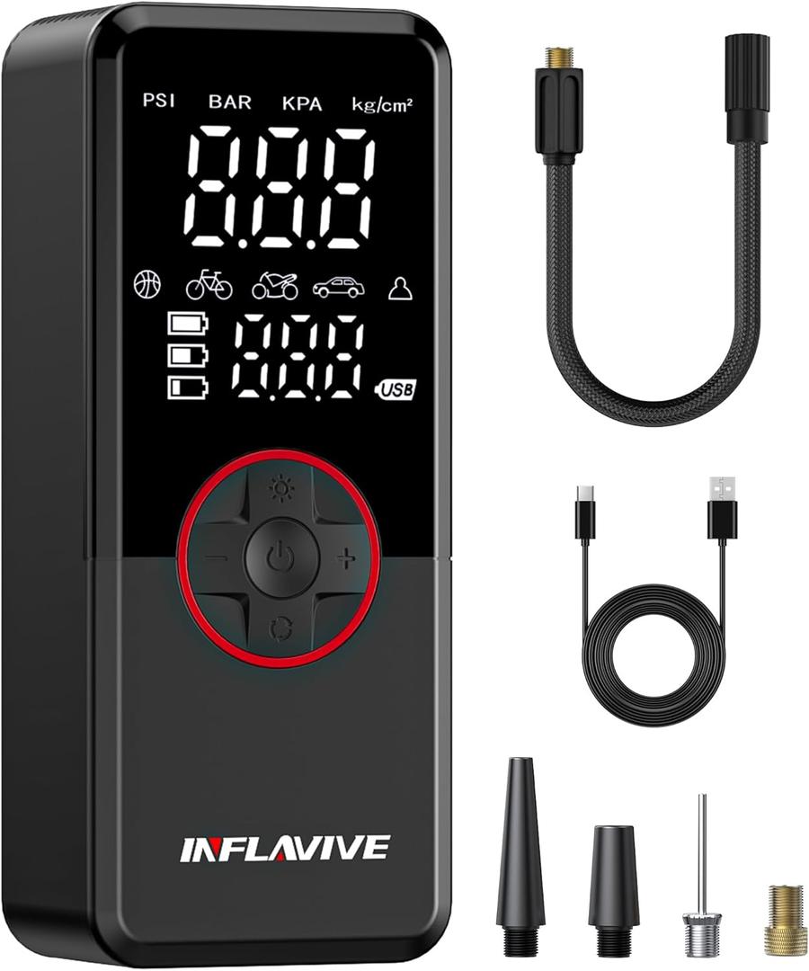 Tire Inflator Portable Air Compressor, 3X Fast Inflate Cordless Air Pump for Car Tires with LED Light, 150PSI Portable Electric Pump with Digital Pressure Gauge, for Bike Motorcycle Car Ball