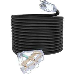 50Ft 12/3 Outdoor Extension Cord with 3-Outlets, Heavy Duty 12 Gauge 3 Prong Extension Cord Waterproof with Lighted end, 15A 12AWG 1875W SJTW, ETL Listed - Great for Garage, Garden and Home, Black