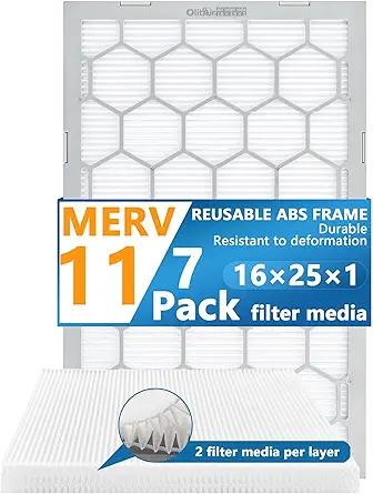 16x25x1 MERV 11 Air Filter,AC Furnace Air Filter,Reusable ABS Plastic Frame, 7 Pack Replaceable Filter Media (Actual Size: 15 3/4" x 24 3/4" x 3/4")