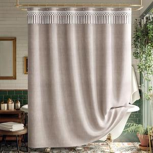 AmazerBath Taupe Boho Shower Curtain with Tassels, Linen Textured Farmhouse Shower Curtain Set with 12 Hooks, Washable Water-Repellent Neutral Fabric, 72x72 Inches Tan