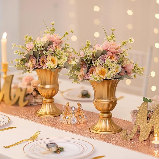 Sziqiqi Gold Flower Arrangements Vase for Wedding Table Centerpiece - 9in Metal Planter Vase Pot for Artificial Real Flower Small Trumpet Plant Urn for Garden, 1 Pack