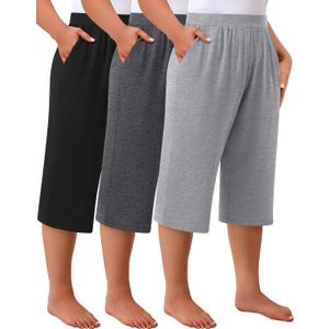 Huukeay 3 Pack Women's Plus Size Capri Pants, Cotton Wide Leg Capris Sweatpants Summer Loose Cropped Yoga Pants with Pockets (5X-Large, Black, Heather Gray, Light Gray)