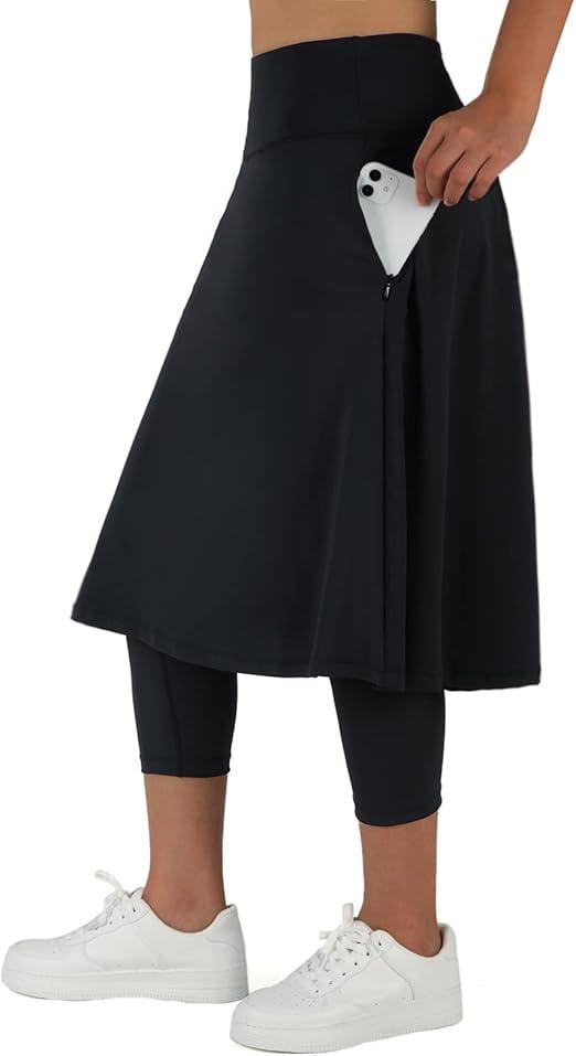 ANIVIVO Women Long Knee Length Skirt with Capris Leggings,Skirted Leggings with High Waisted Zipper Pockets
(X-Large)