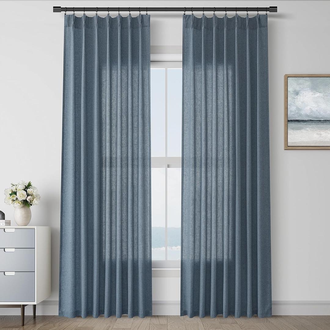 Dark Blue Pinch Pleat Linen Curtains 84 Inch Length 2 Panels Set for Bedroom Dinging Room Semi Sheer Boho Farmhouse Neutral Window Curtains 84 Inches Long for Living Room Nursery 40x84