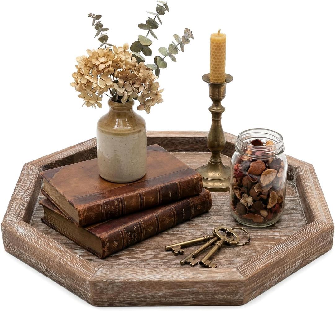 Large Wood Trays Home Decor Farmhouse Candle Holder Plate for Coffee Table Rustic Wooden Decorative Tray Vintage Table Centerpiece for Living Room Kitchen Counter Decor and Bathroom Accessories Trays (12", Octagon)