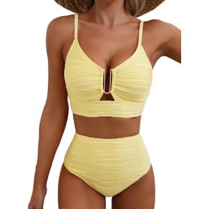 Herseas 2 Piece Bikini Set U-Wire Cutout Popular Swimsuit High Waisted Textured 2026 Summer Beach Swim Bathing Suits (Large, Yellow Cream)