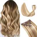 Hairro 100% Human Hair Clip in Extensions Thin 10 Inch Short Straight Golden Brown Mix Bleach Blonde Human Hair Clip on Hairpieces 50g Machine Weft 8pcs 18 Clips for Women #12/613