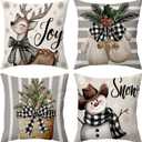 Rustic Christmas Holiday Throw Pillow Covers 18x18 Couch Cushion Covers, Pastel Country Striped Decorations for Porch Home, Xmas Reindeer Tree Snowman Farmhouse Pillow Cases Winter Decor Set of 4