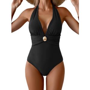 Aidonger Women's One Piece Swimsuit Sexy Halter V Neck Bathing Suit Tummy Control Ruched Metal Swim Suit, XL