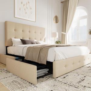 Allewie Upholstered Queen Size Platform Bed Frame with 4 Storage Drawers and Headboard, Square Stitched Button Tufted, Mattress Foundation with Wooden Slats Support, No Box Spring Needed, Beige