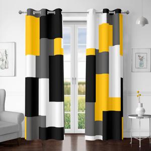 Yellow 100% Blackout Curtains for Bedroom 96 inch Length 2 Panels Set White Grey Modern Abstract Geometric Black Out Curtains Insulated Room Darkening Window Drapes for Living Room, 42Wx96L