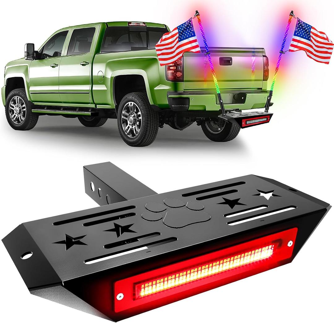 Hitch Step with Light and Whip Mount Holes, 108 LED Brake Lighting(6 Mode) Fit 2" Receiver Steel Construction Powder Matte Coated for Trucks Chevy Ford Toyota GMC Dodge RAM Jeep ATVs SUVs Vans (16.14 inch)