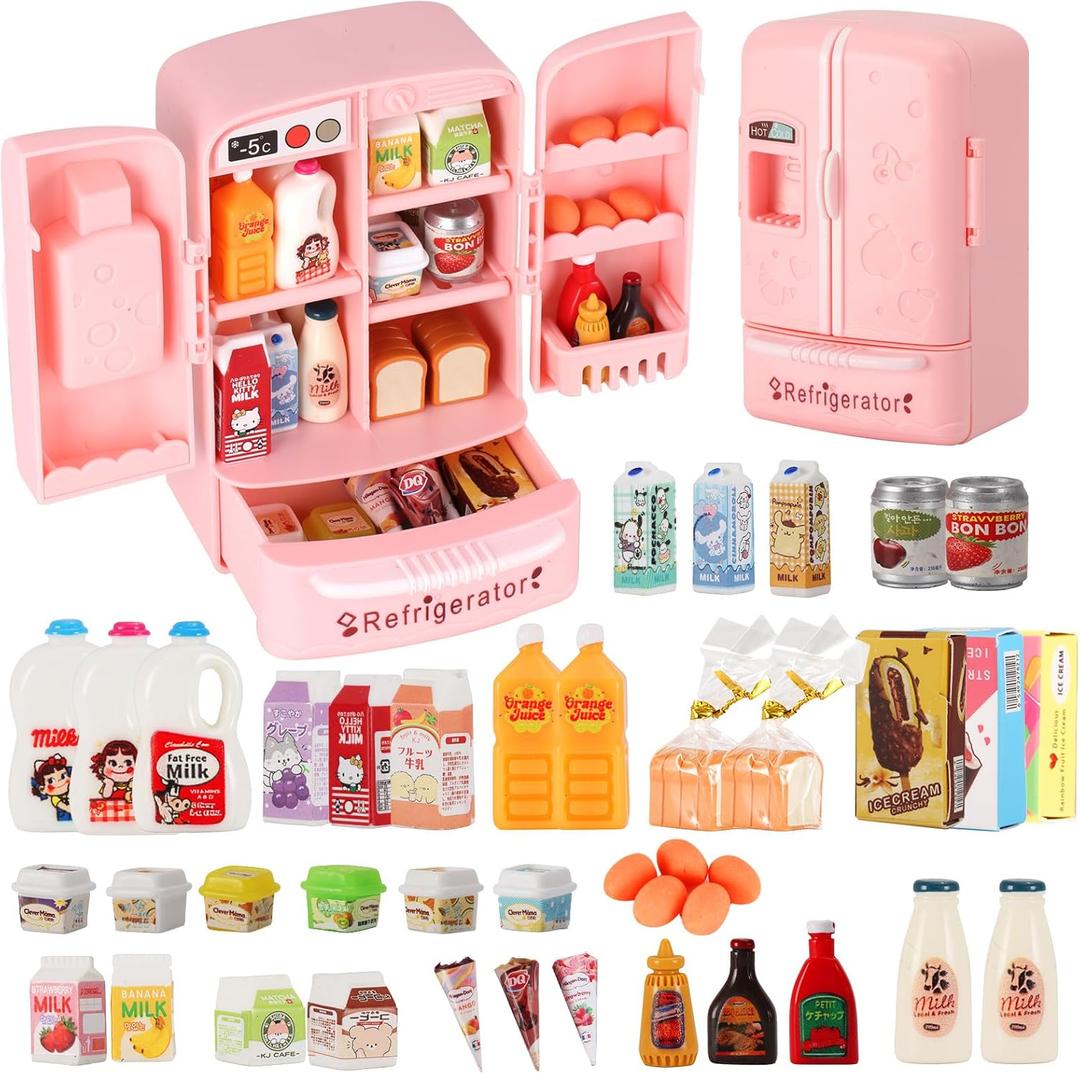 Mini Refrigerator Toy, Fill The Fridge with Ice Cream, Juice & 40+ Mini Food Toys for Dollhouse Accessories & Kitchen Playset. Realistic Refrigerator Play Gift for Kids. (Pink-42pcs)