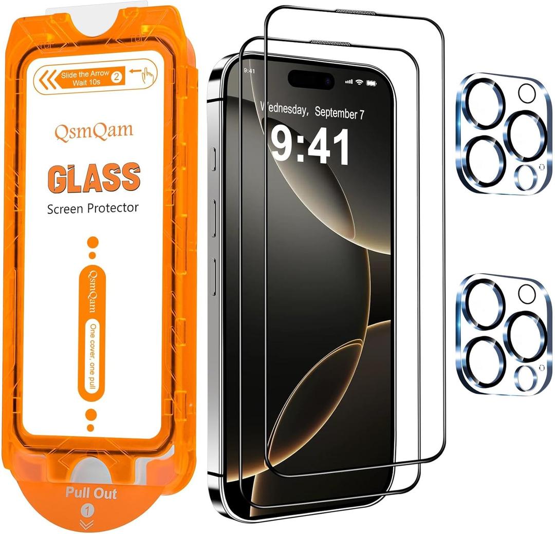 3 x QsmQam for iPhone 16 Pro Screen Protector + Camera Lens Protector, [Military Grade Shatterproof], Ultra Top 9H+ Tempered Glass, Full Coverage Screen, with Automatic Dust Removal [2+2 Pack]
