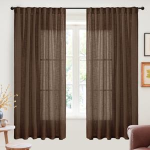 YoungsTex Dark Brown Linen Curtains 63 Inch Length for Living Room - Chocolate Light Filtering Window Drapes Semi Sheer with Rod Pocket Back Tab for Bedroom, 2 Panels, 52 X 63 Inch