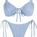 ZAFUL Women's Cinched Bikini Solid Color Wave Textured Knotted Tied Side Two Piece Swimsuit Bathing Suits ,M