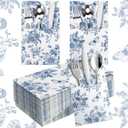 Sliner 50 Pieces White and Blue Floral Silverware Bags Paper Disposable Silverware Sleeves Blue Floral Cutlery Holder Chinoiserie Utensil Pouch Table Decoration for Wedding Cocktail Guest Tea Party