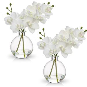Oairse White Orchids Artificial Flowers Faux Orchid Arrangement with Clear Glass Vase Set of 2 Real Touch Phalaenopsis Orchid Flowers Orchid Centerpiece for Dining Room Table