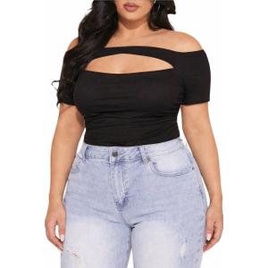 MakeMeChic Women's Plus Size Off Shoulder Tee Cut Out Ruched T-Shirt Short Sleeve Slim Fitted Tee Shirt Tops, Size 2XL, Black