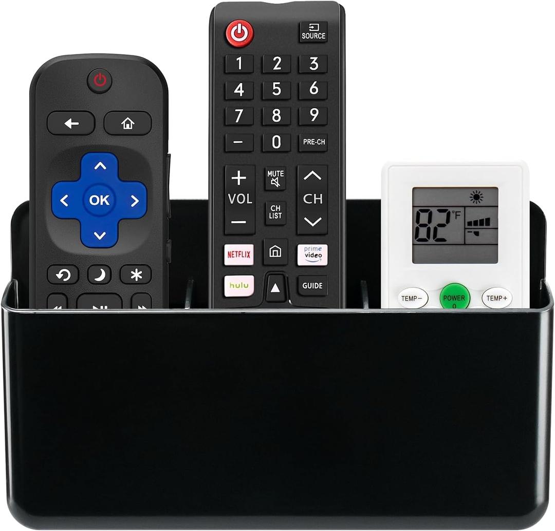3 Slot Adjustable Remote Control Holder Wall Mount, TV Remote Box Hollow Bottom Slot Easy Phone Charging, Self Adhesive Remote Holder,Wall Pen Holder Storage Accessories for Home Office School (Black)