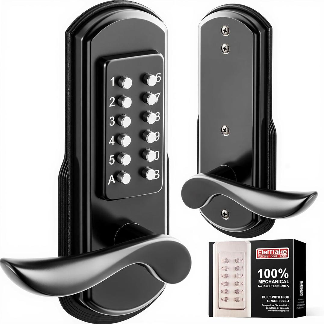 Elemake Mechanical Door Lock with Handle, Left Handed Keyless Entry Door Lock with Keypad, Combination Door Lever Lock - Not Deadbolt (MKS04L)